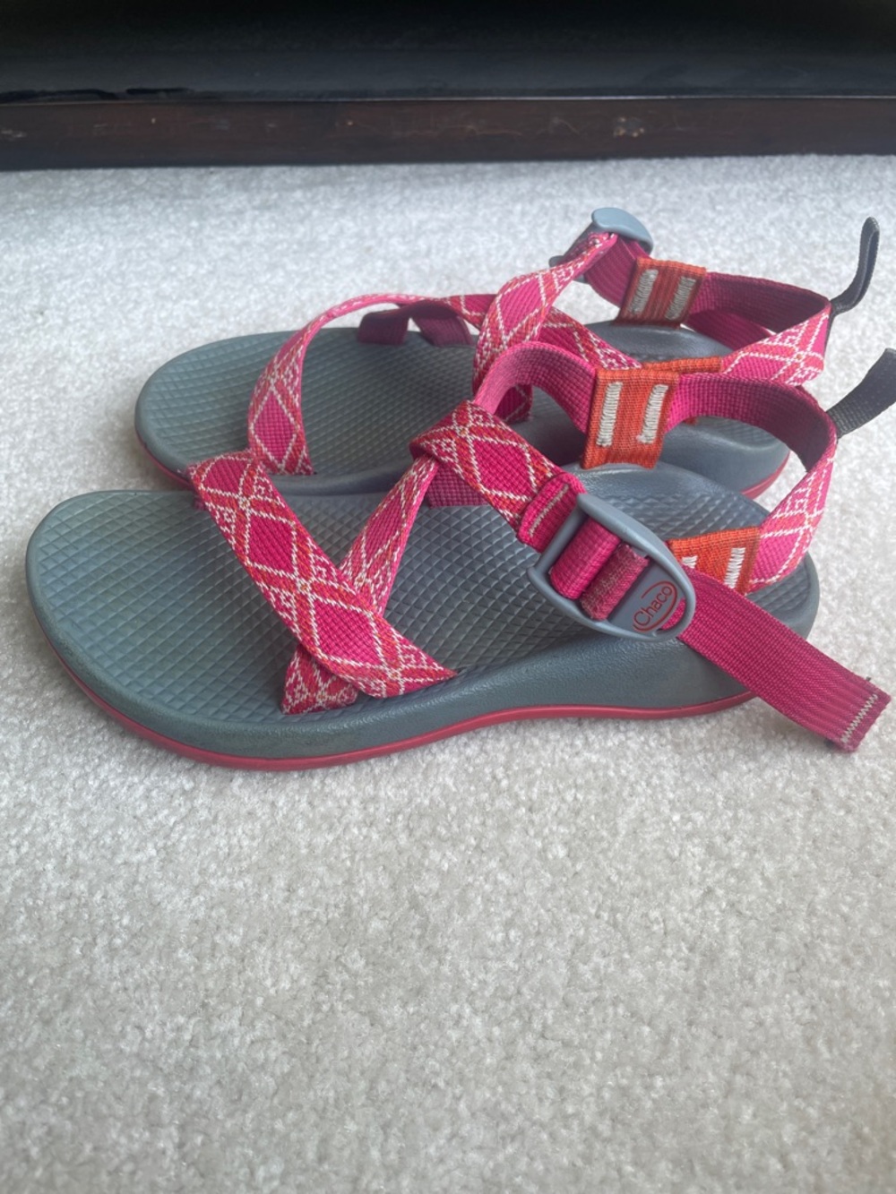 Chaco Kids’ Pink Patterned Webbing Sandals with Gray Footbeds - Picture 3 of 11